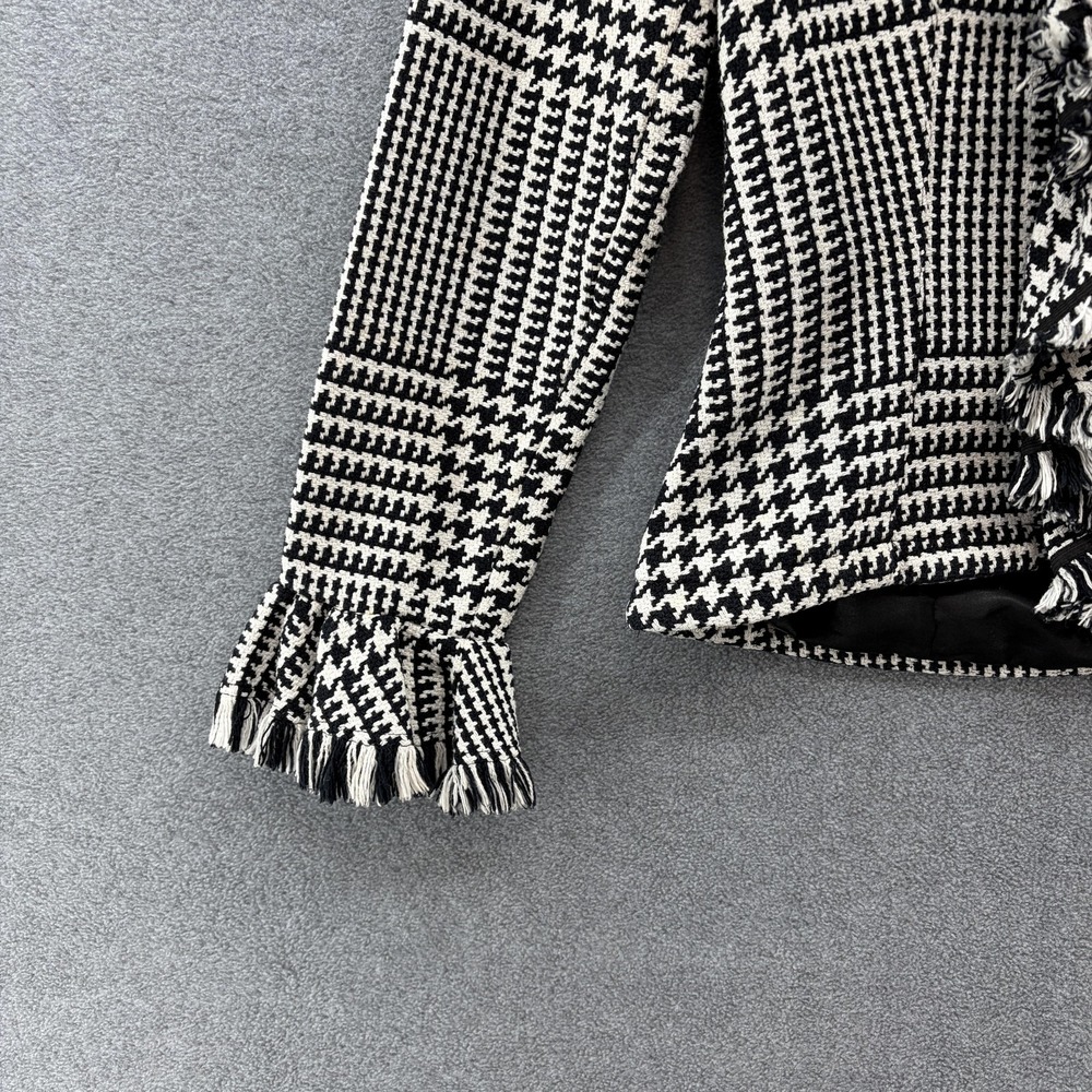Anne Fontaine Jacket Womens 2 Black White Tweed Ruffle Fringe Full Zip Blazer - Picture 5 of 14